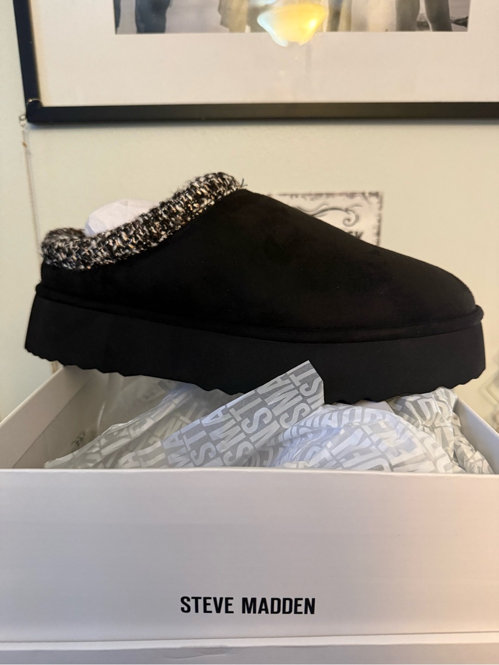 Steve Madden Black Platform Mule with Tweed Knit Collar